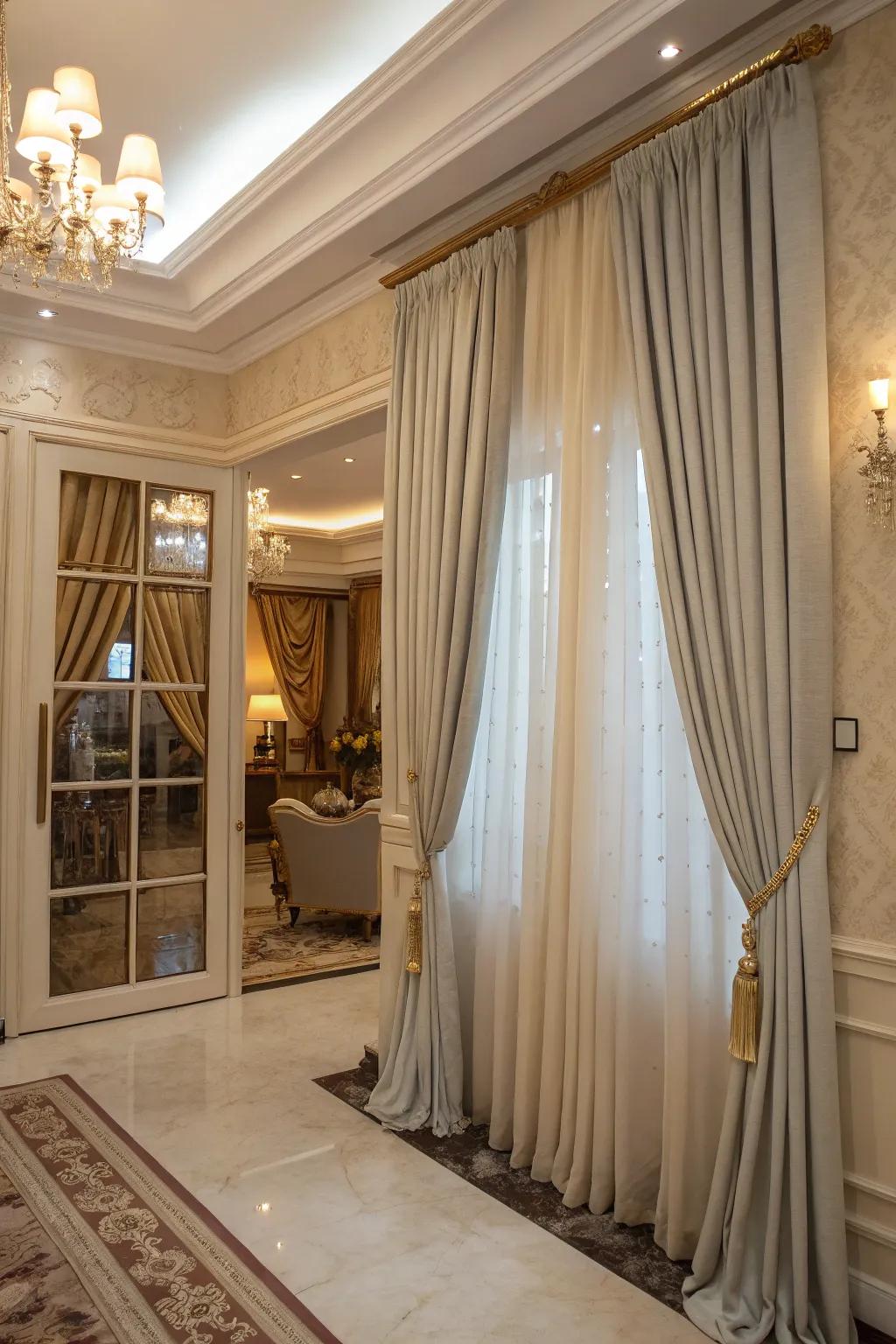 Bespoke-cut curtain rods furnish a seamless and tailored visual.