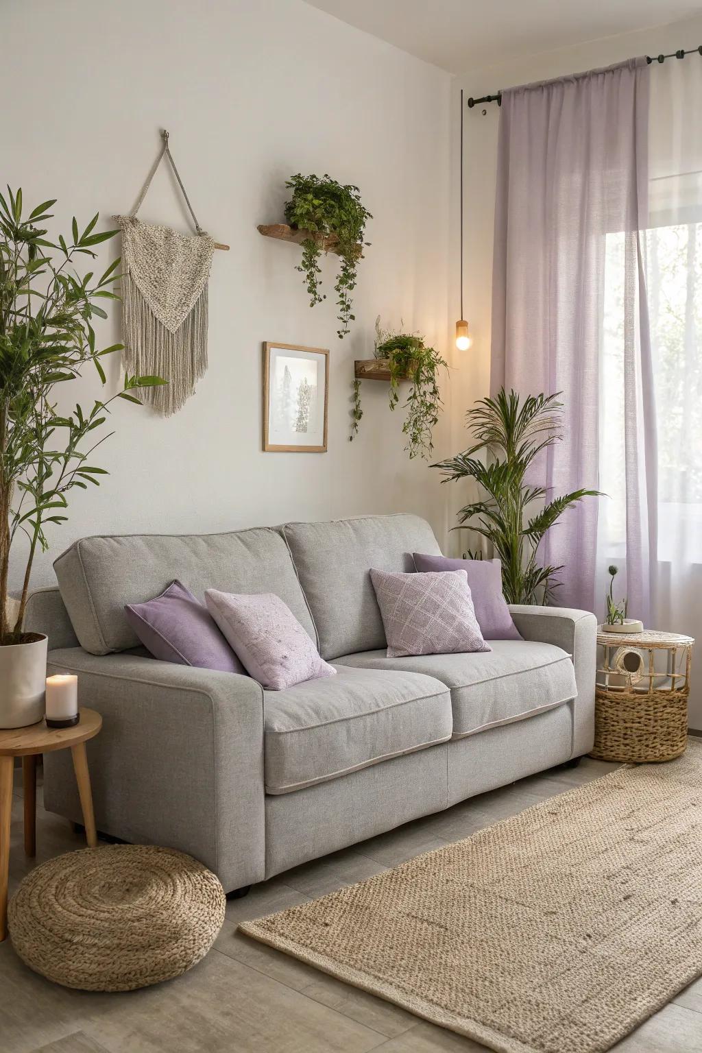 Lavender cushions establish a tranquil oasis on a grey couch.