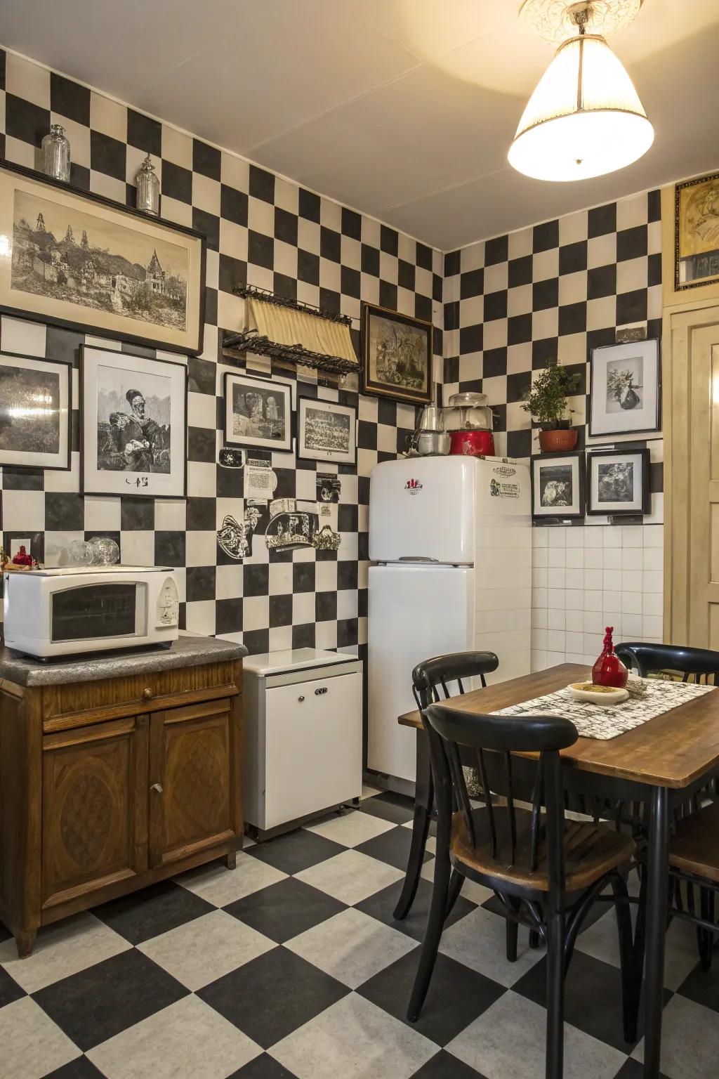 A cooking area with black and white square wall covering, adding a chic vintage touch.