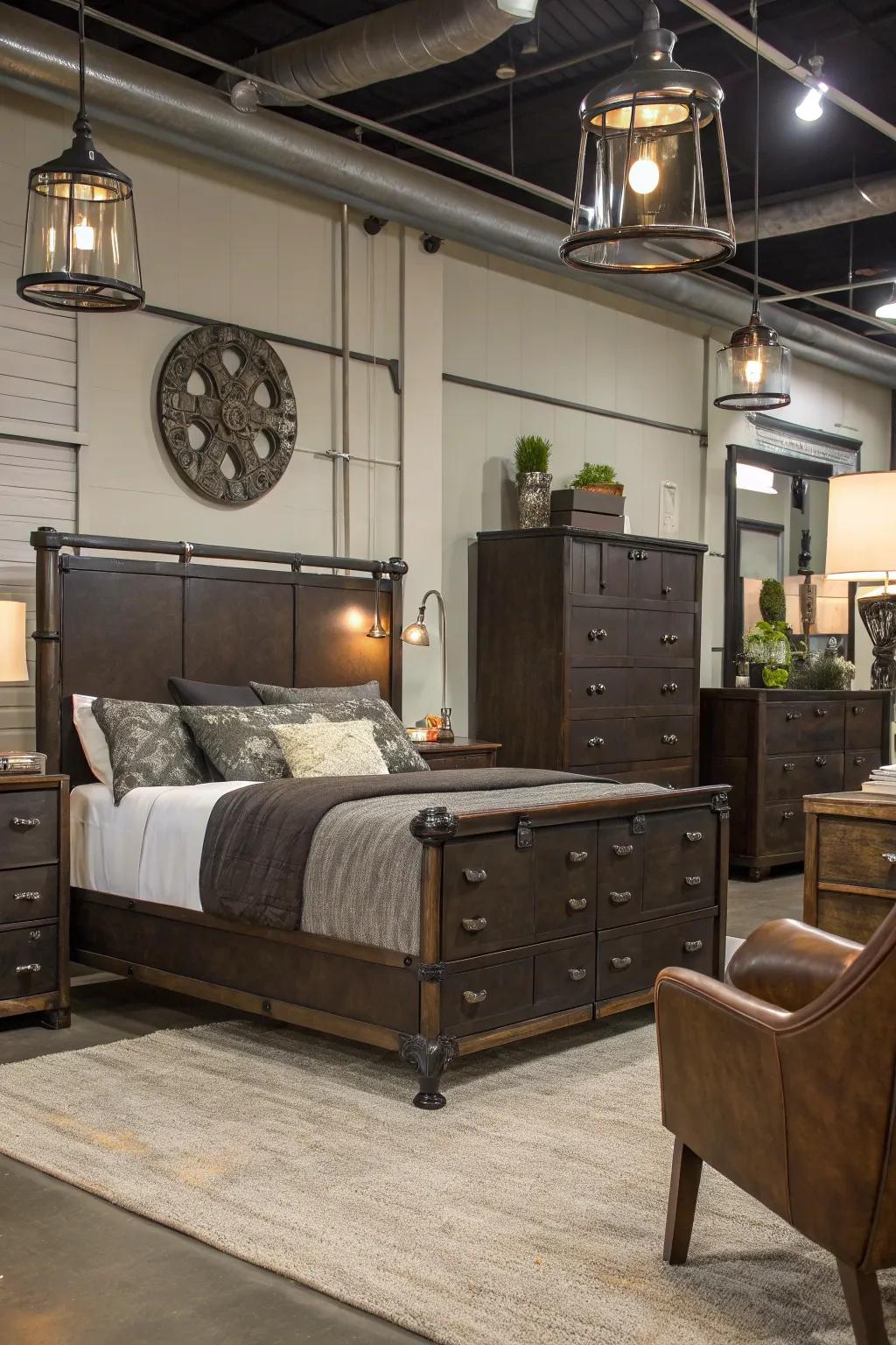 Industrial complements append contemporary contrast to deep brown decor.