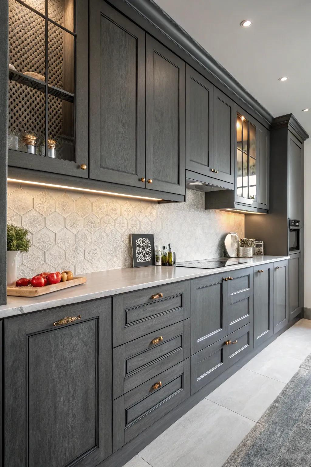 Subtle textures enhancing the depth and elegance of charcoal-toned cabinets.