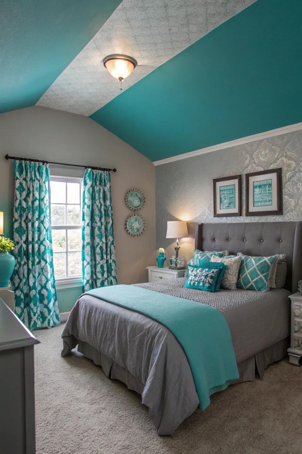 A teal ceiling creates a unique and relaxing atmosphere.