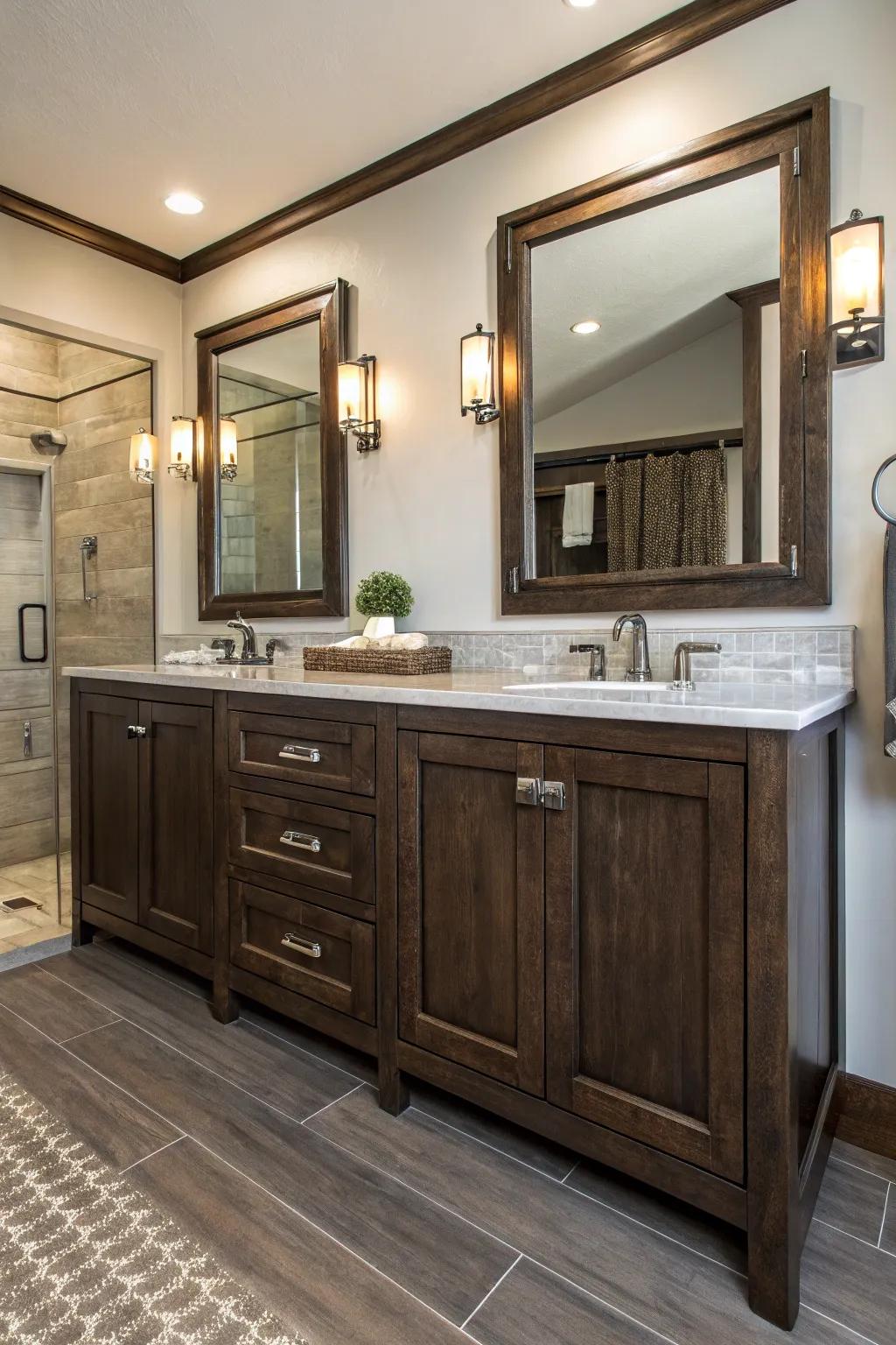 Metallic highlights introduce a glamorous touch to the elements of deep wood.