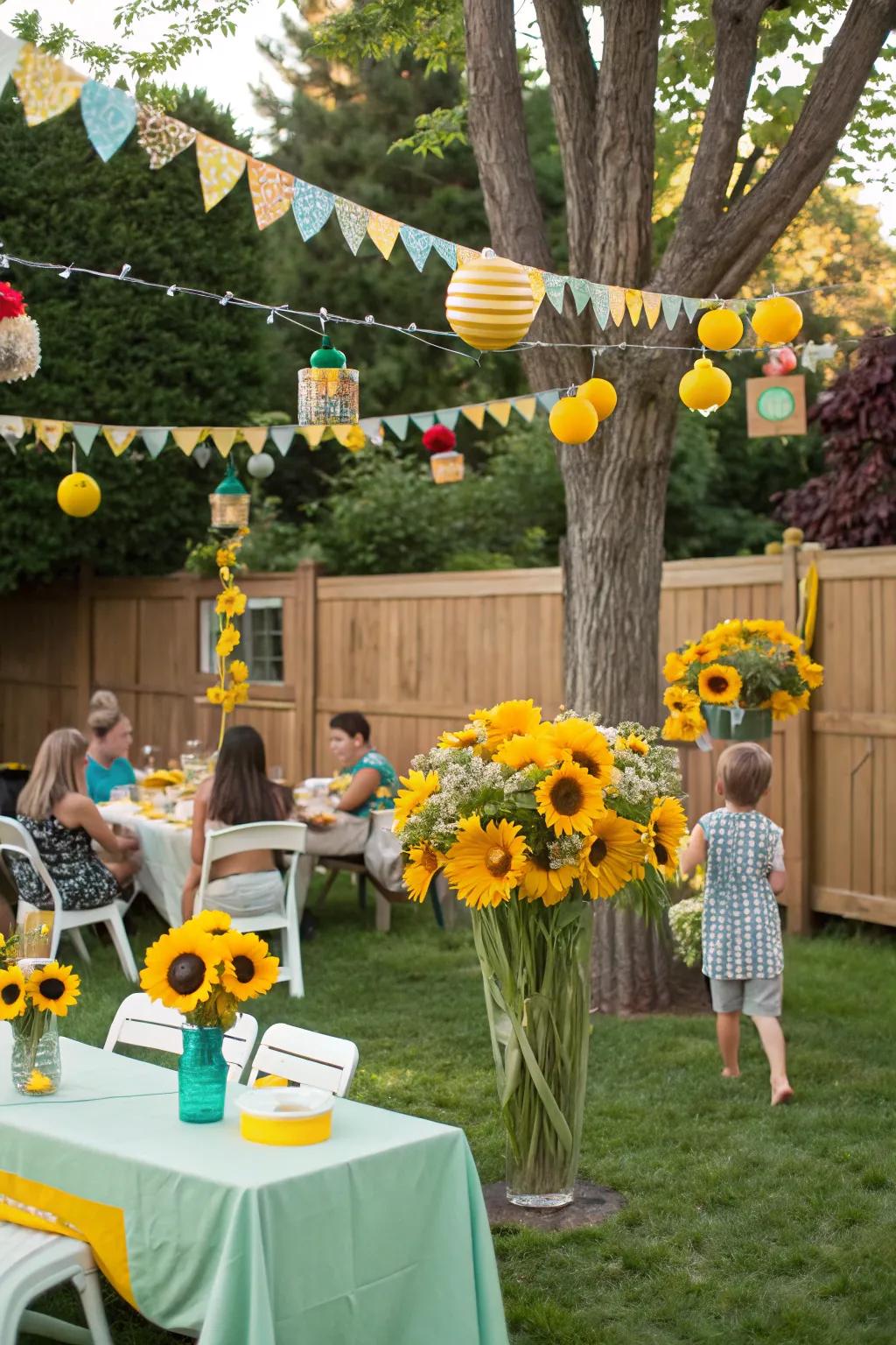 Sunflower-themed social event decor establishes a joyous tone for any celebration.