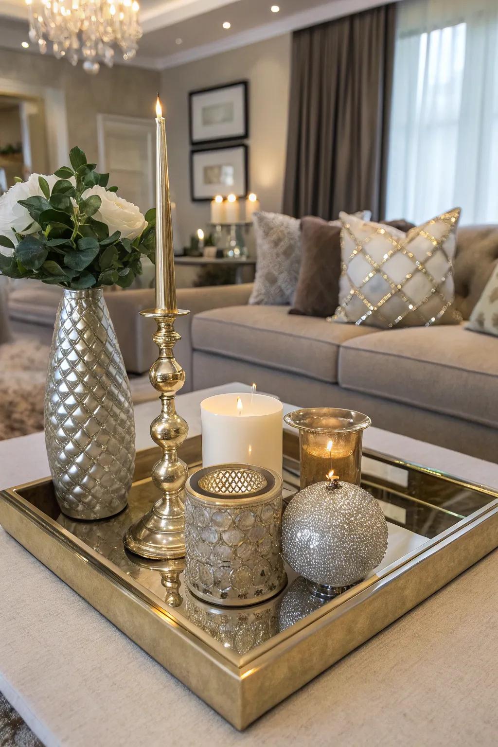 Sophisticated radiance featuring metallic accents onto a surface.