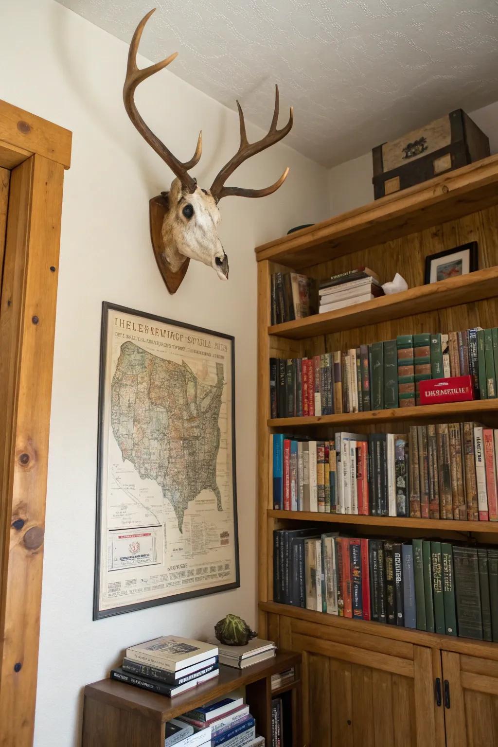 A vintage map background adds an adventurous theme to a deer skull display.