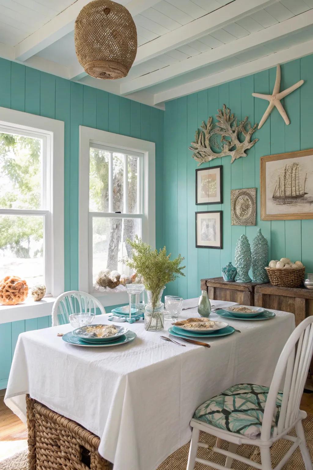 A refreshing dining room inspired by the vibrant tones of blue-green.