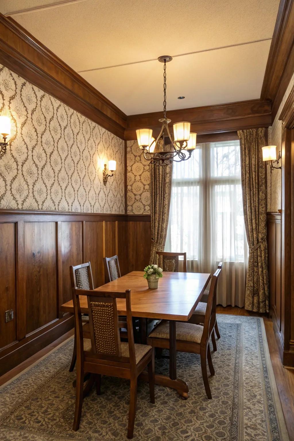 Siding and wallcovering cultivate a textured and sophisticated aesthetic within the dining room.