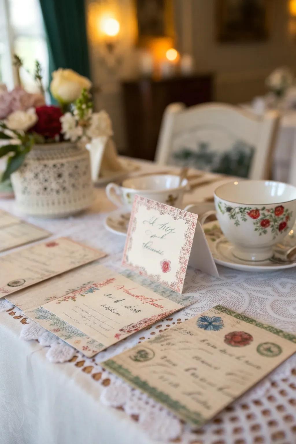 Vintage postcard place cards add a nostalgic element to your dinner.