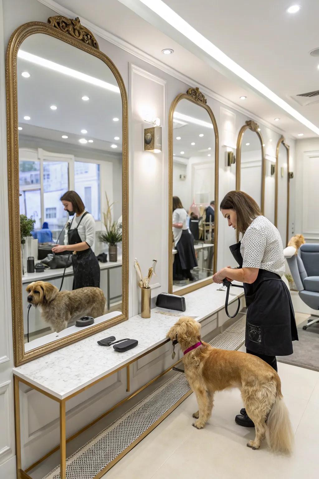 Reflective surfaces for a spacious and elegant salon feel.