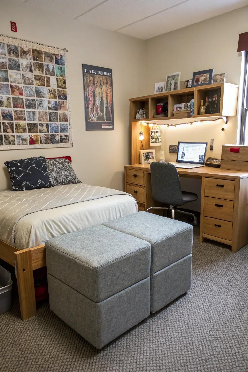 Multiuse furnishings in a university residence, combining style and utility.