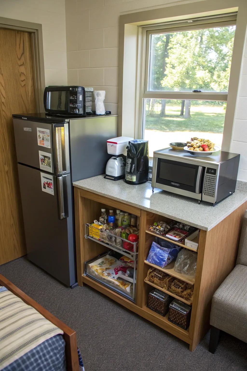 A dedicated kitchen zone keeps snacks structured and accessible.