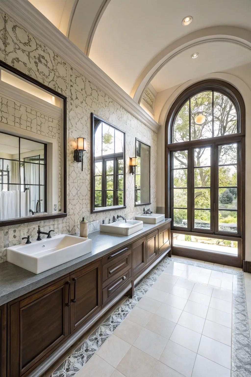 Architectural features enhance the bathroom's inherent charm.
