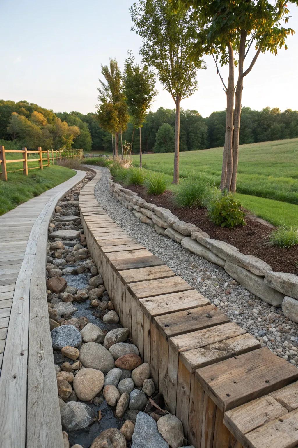 Reclaimed materials introduce both character and sustainability to a swale.