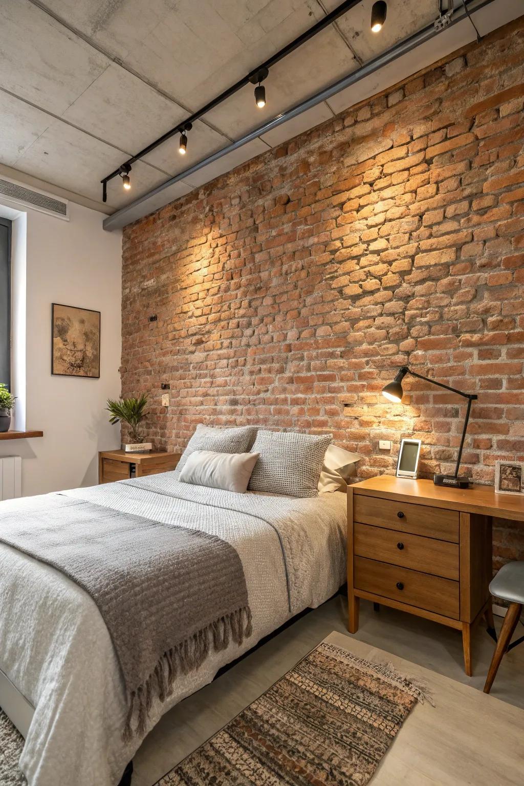 An exposed brick wall injects industrial-chic texture.