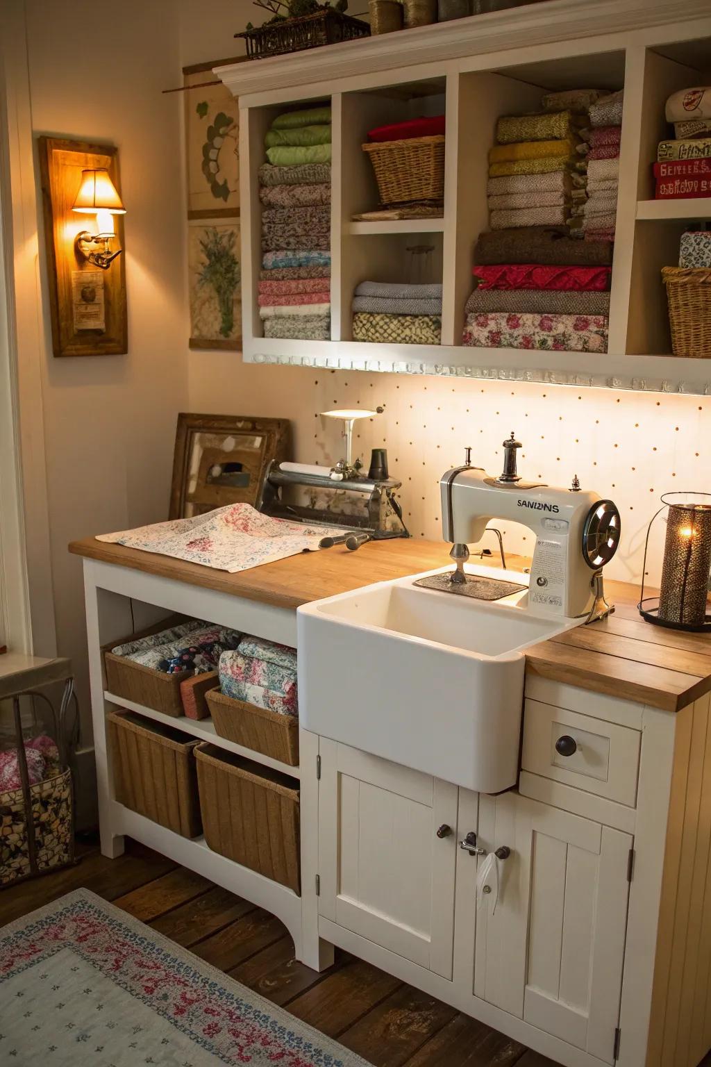 A tailoring center created from a practical dry sink.