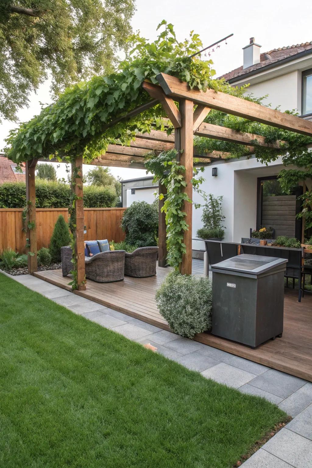 Arbors afford shade and style to outdoor refuse areas.