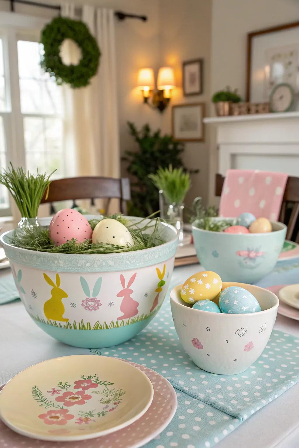 Handcrafted Easter bowls introduce both a thematic and lighthearted finesse to the table setting.
