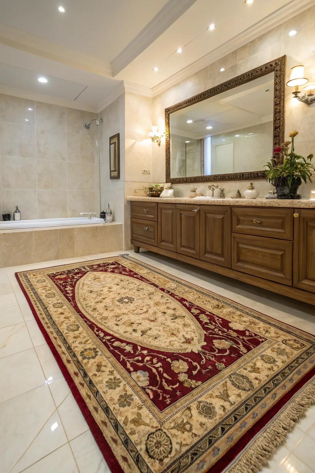 A sumptuous rug infuses warmth and elegance into this bathing area.