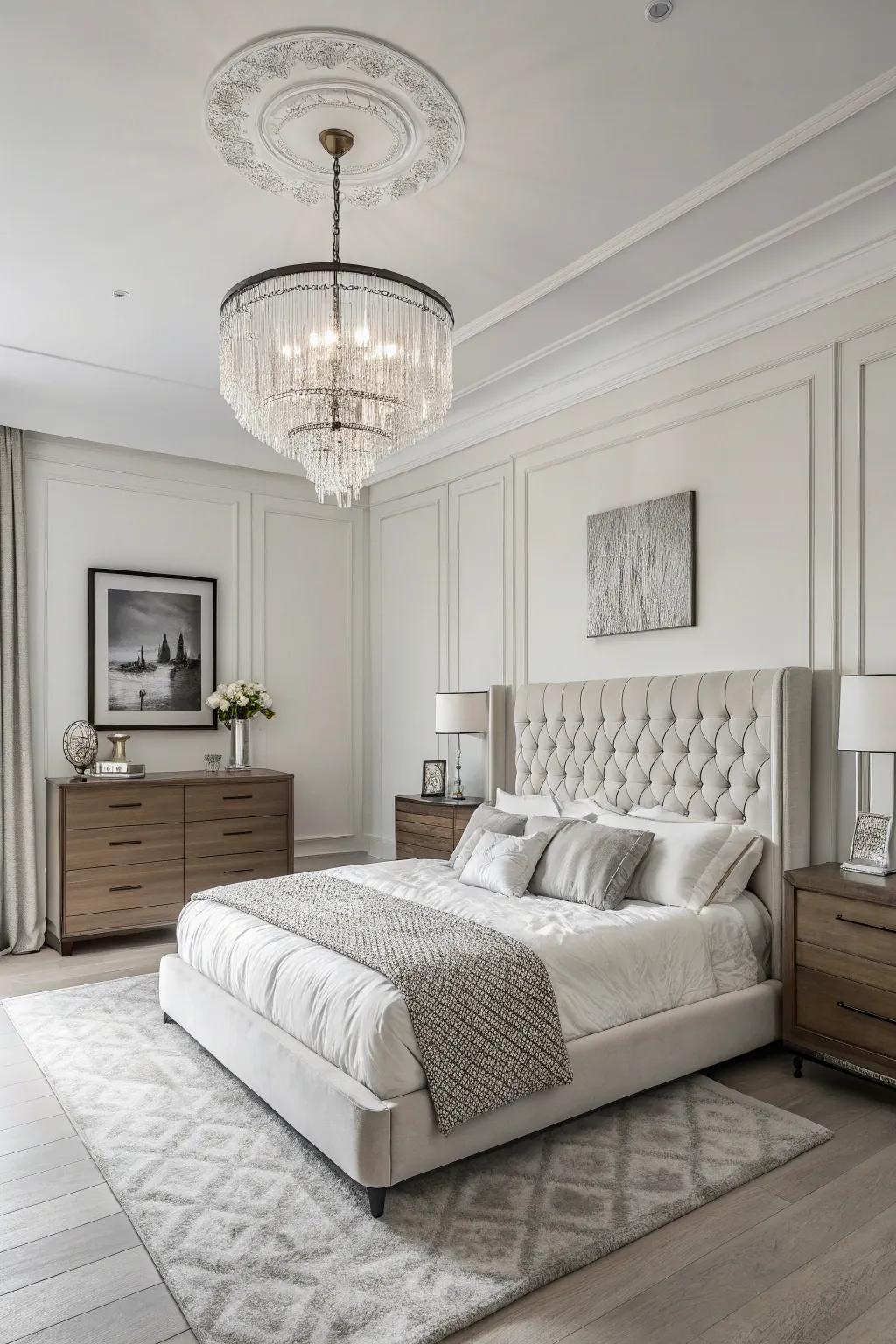 A monochrome luxurious bedroom designed in soothing shades of white and gray.
