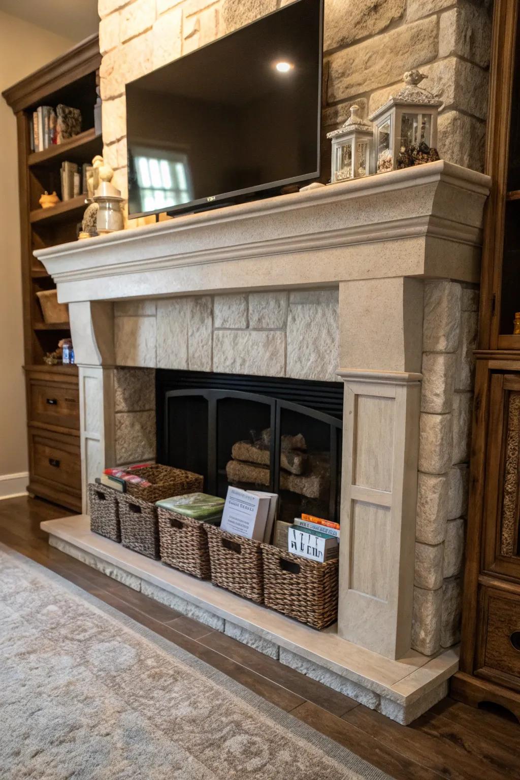 Incorporate functionality with concealed keeping in your fireplace.
