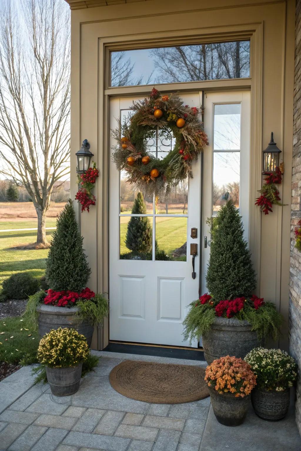 Seasonal ornamentation infuses a festive impression to the entryway.