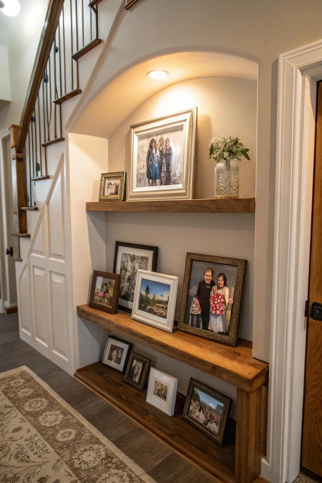 Family photos personalize this niche, making it inviting and warm.