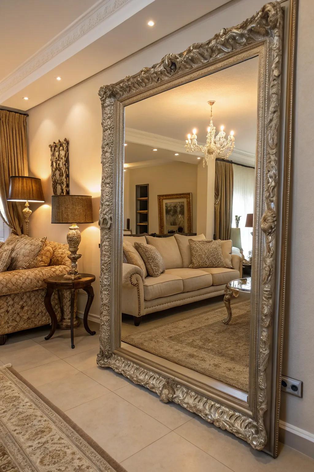 A prominent reflector adds depth and elegance to this European-inspired living room.