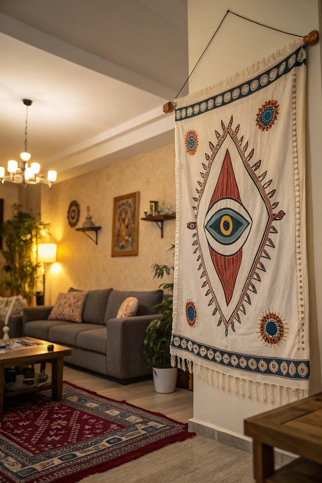 A cultural eye motif wall hanging contributing profoundness and significance to the design.