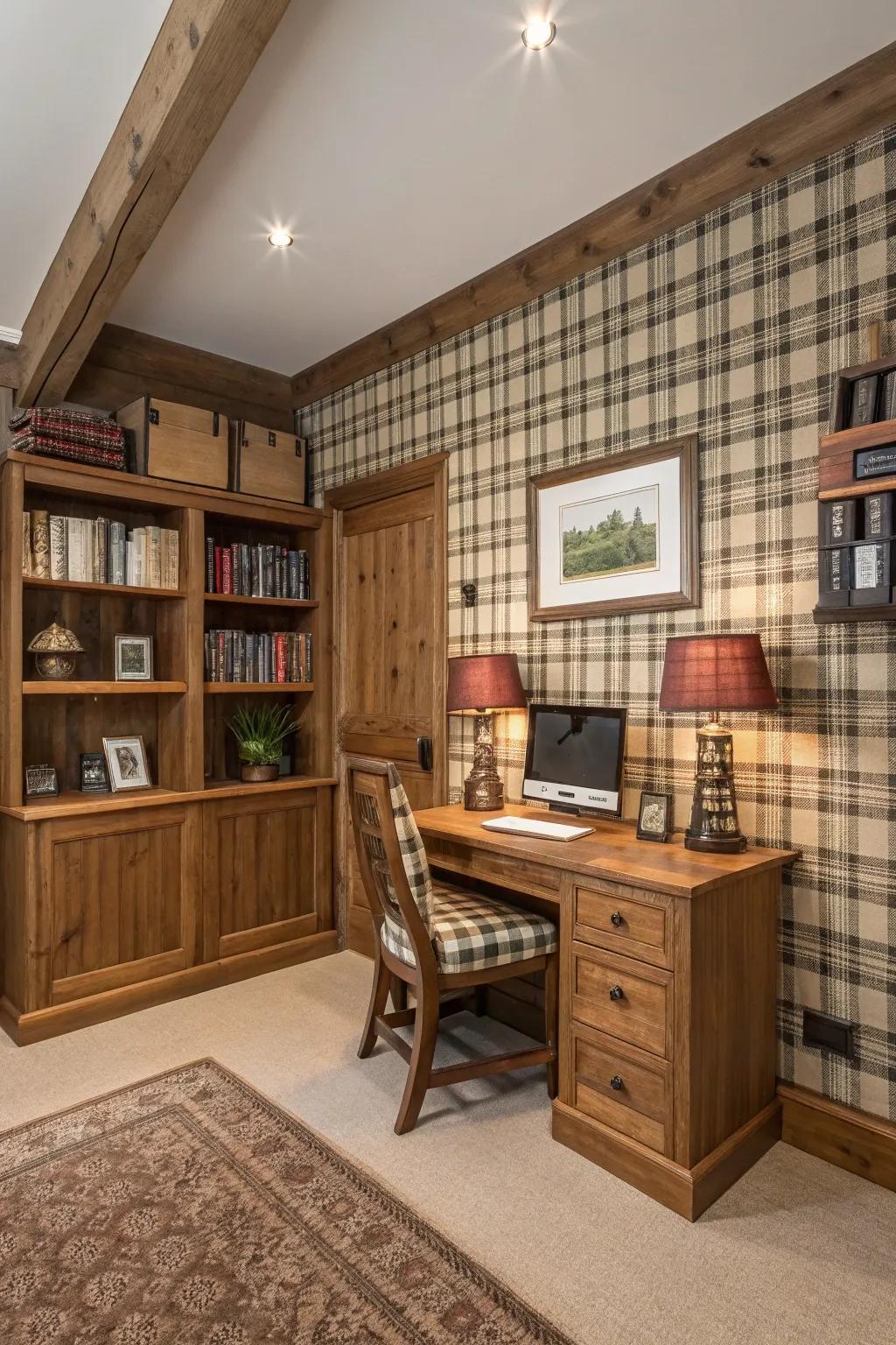 Unexpected plaid in fabric wallpaper introduces a rustic twist.