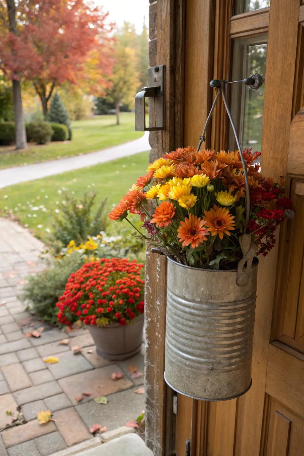 A recycled metal canister serves as a creative, eco-friendly door hanger.