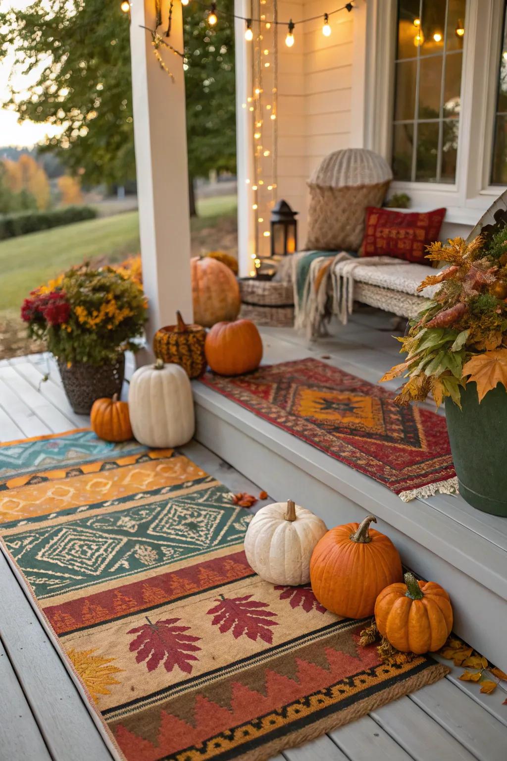 Stratified rugs contribute depth and coziness to the autumn porch décor.
