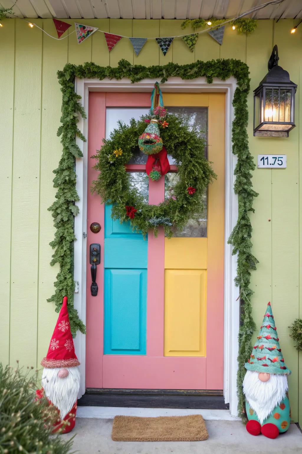 A gnome-themed wreath appends whimsy and amusement to your entry.