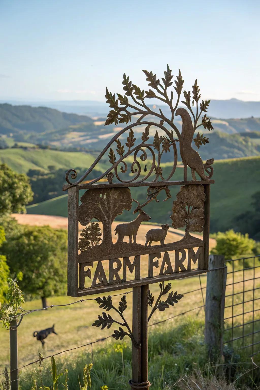 Artistic carvings that harmonize nature and ingenuity within a farm sign.
