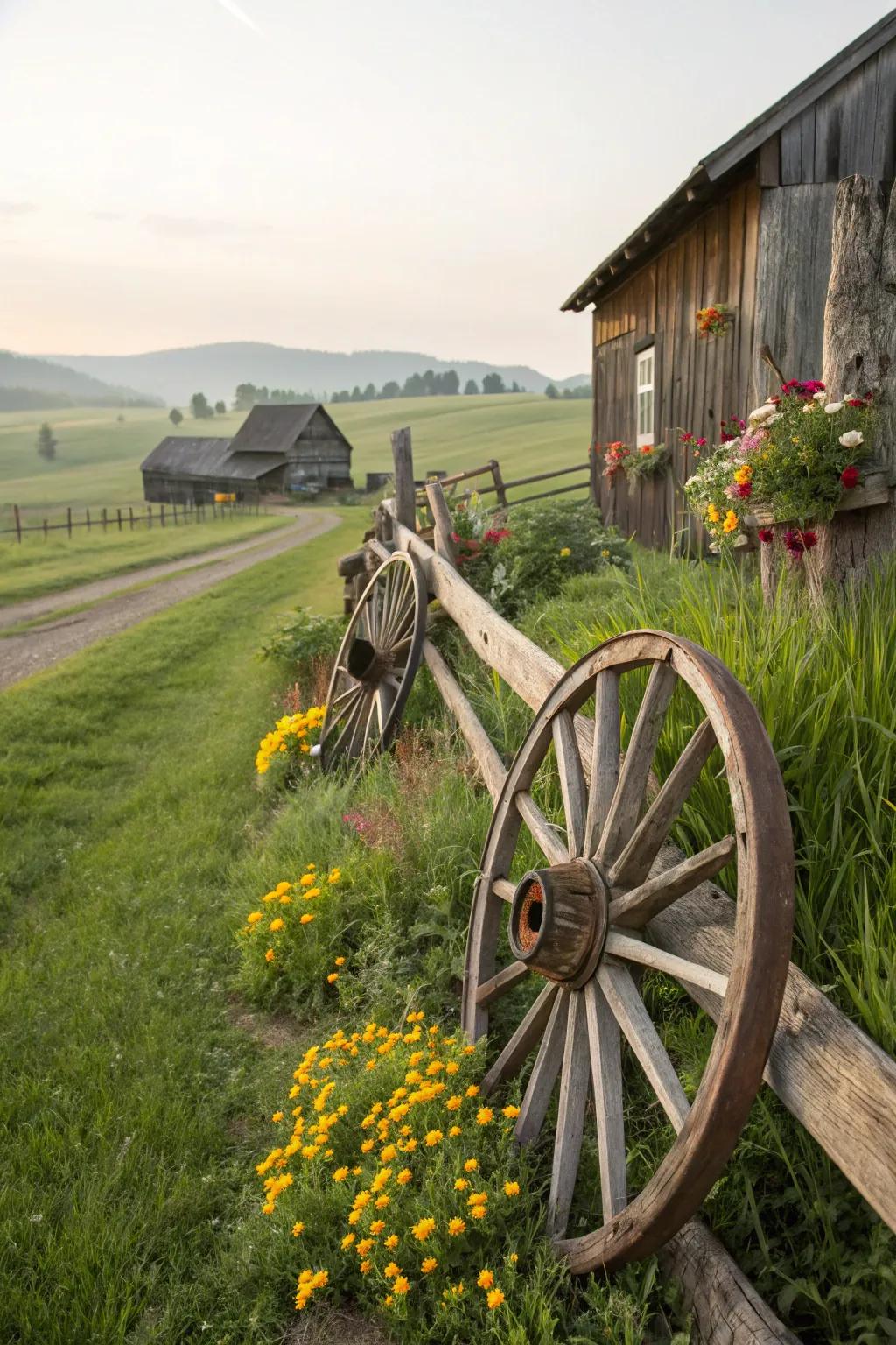 Wagon wheel embellishments append a countryside and bona fide rural atmosphere to the celebration.