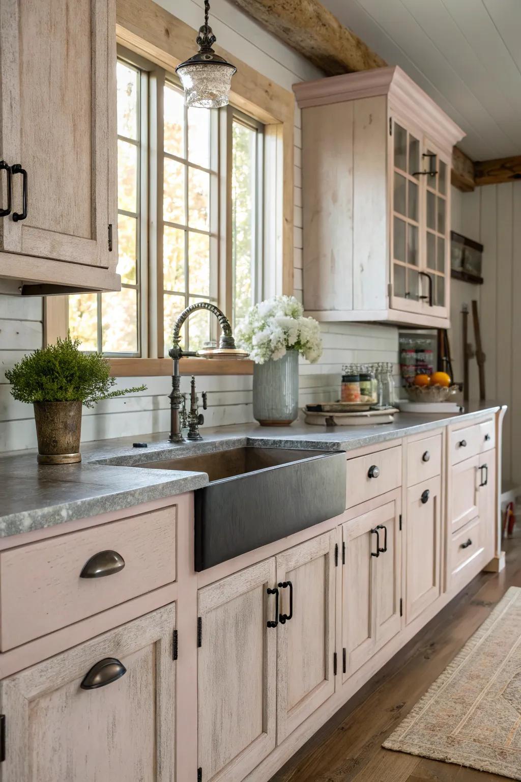 Industrial segments can introduce a sharp contrast to chalk-painted cabinets.