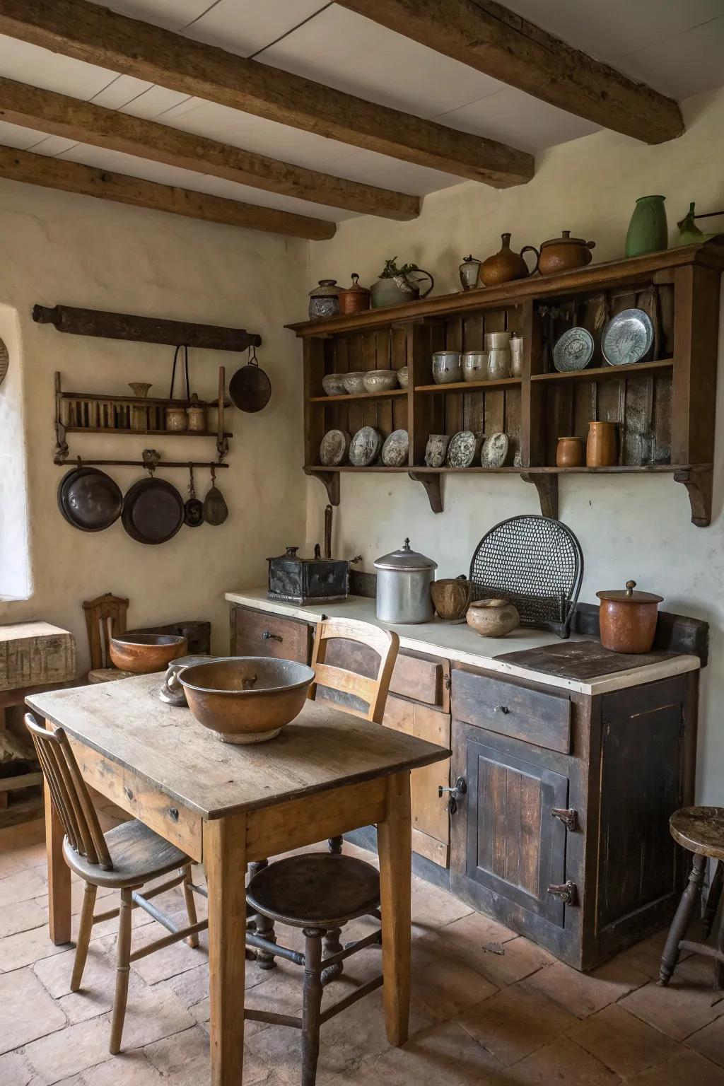 A farmhouse kitchen ornamented with period kitchen accessories.