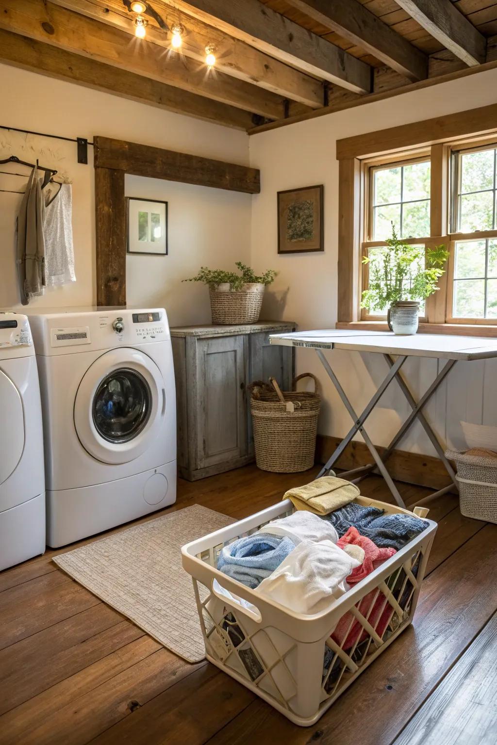 A stylish and functional recycling area complements this eco-conscious farmhouse laundry area.