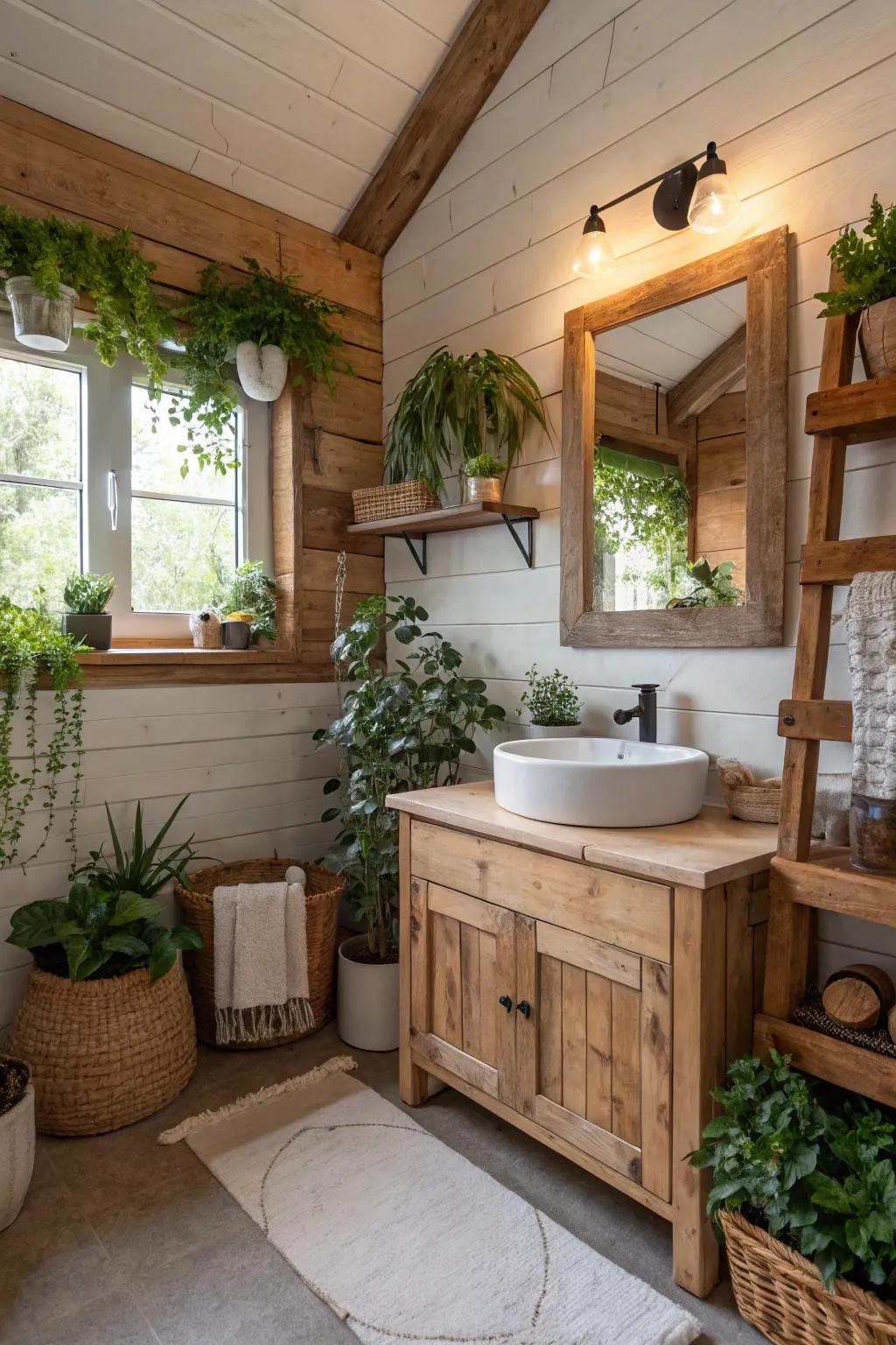 Verdure injects a rejuvenated and natural impression into this farmhouse bathroom.