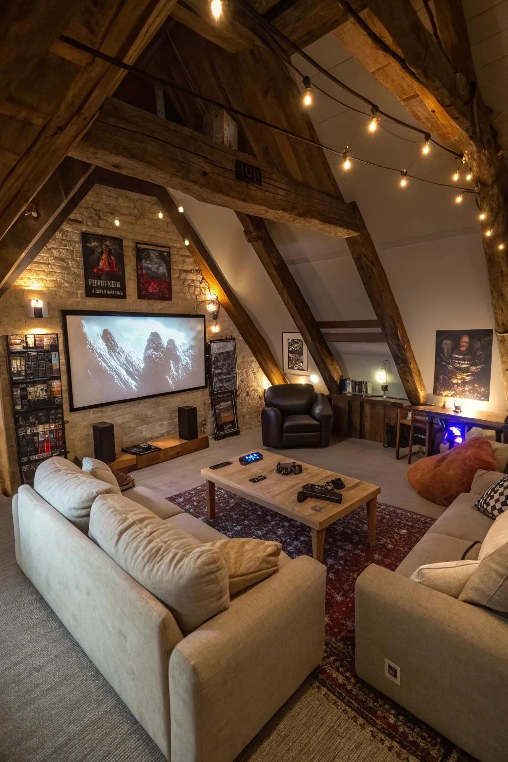 An attic gaming hub designed for amusement and entertainment.