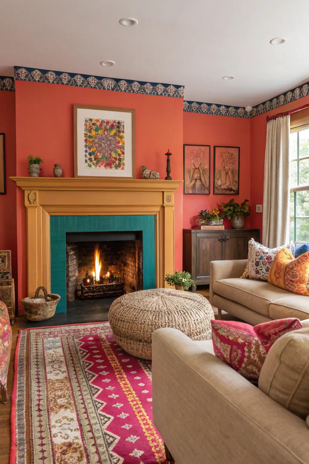 Painted accents transform your fireplace into a vibrant centerpiece.