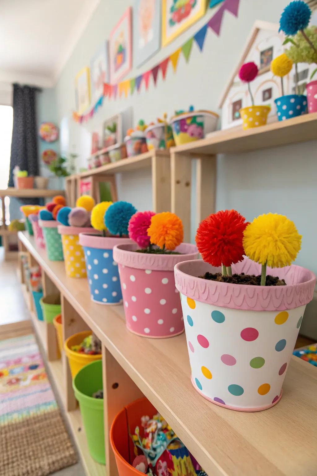 Convey playful delight through fiber ball accented floral receptacles.