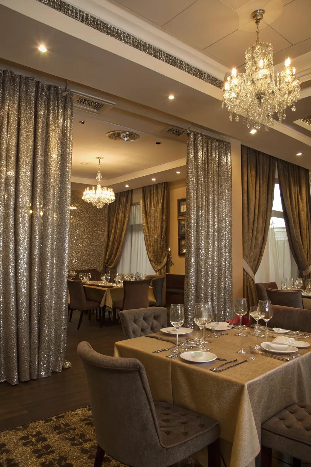 Window coverings with metallic colors add a touch of glamour to this dining room.