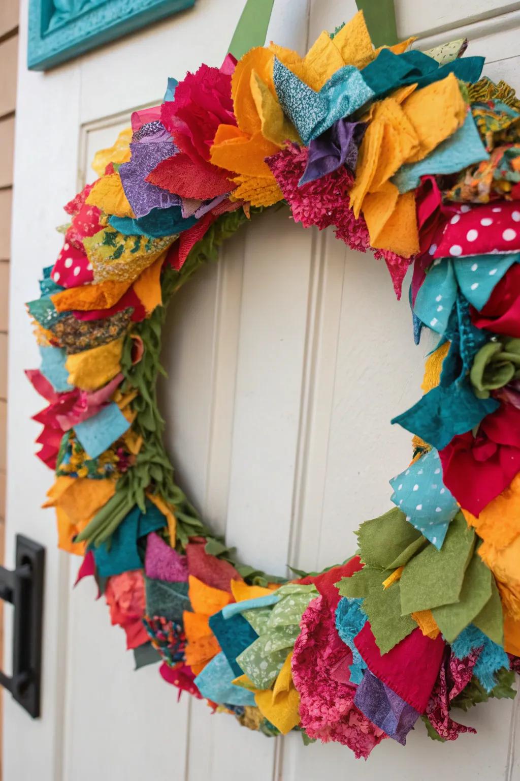 A reclaimed textile ornament delivering an eco-conscious and colorful design.