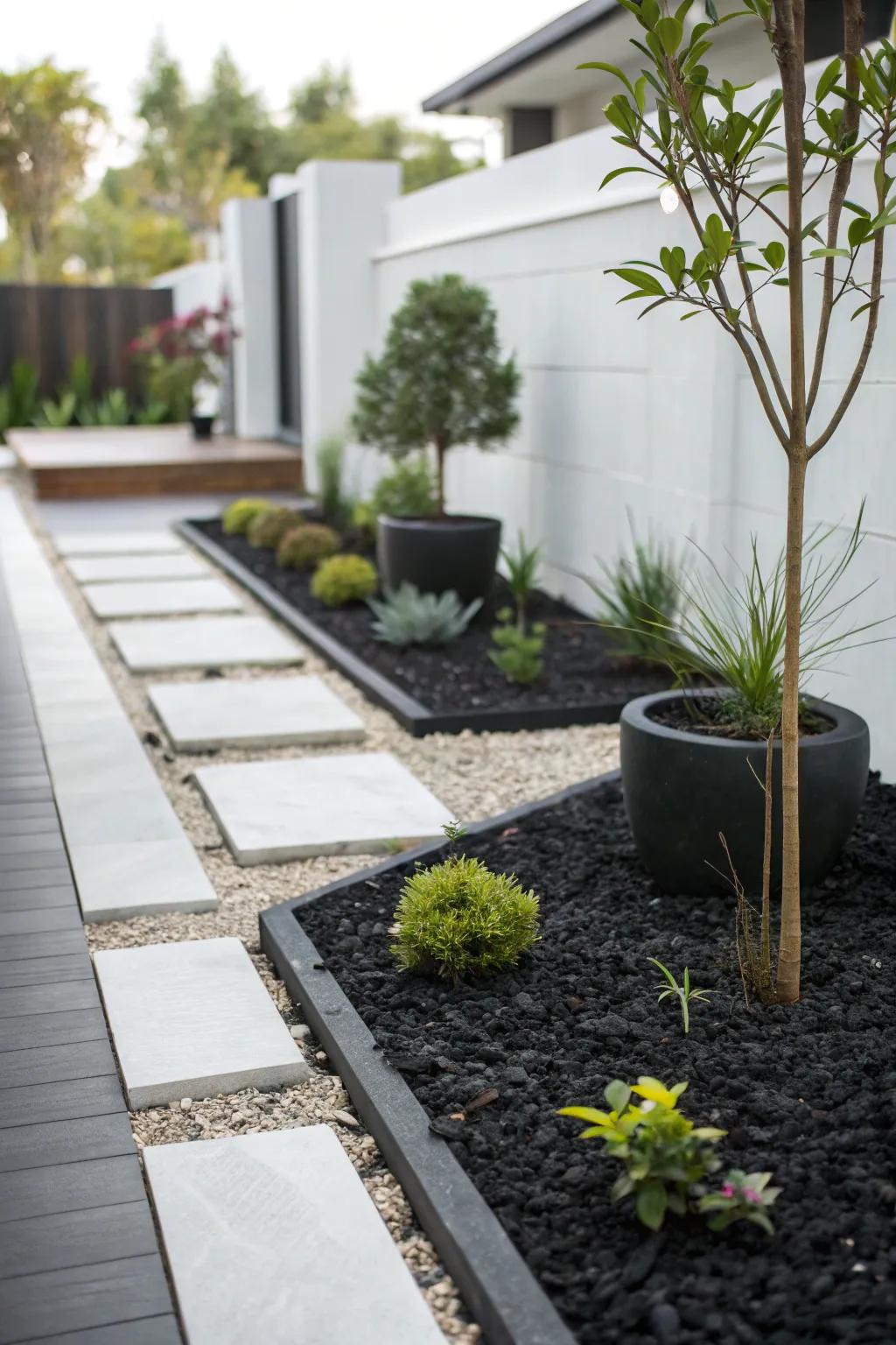 Modern simplicity shines with ebony ground cover.
