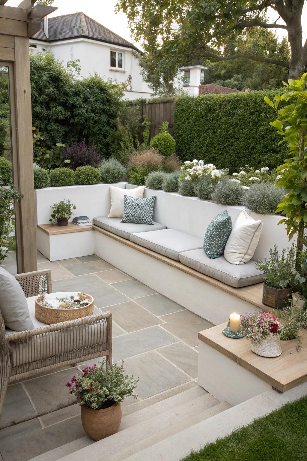 Built-in seating offers a streamlined and cohesive porch design.