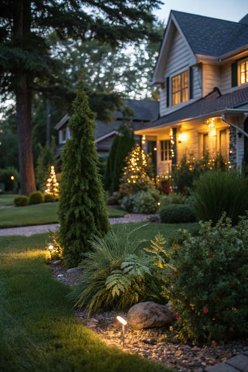 Evening lighting adds drama and highlights evergreen features.