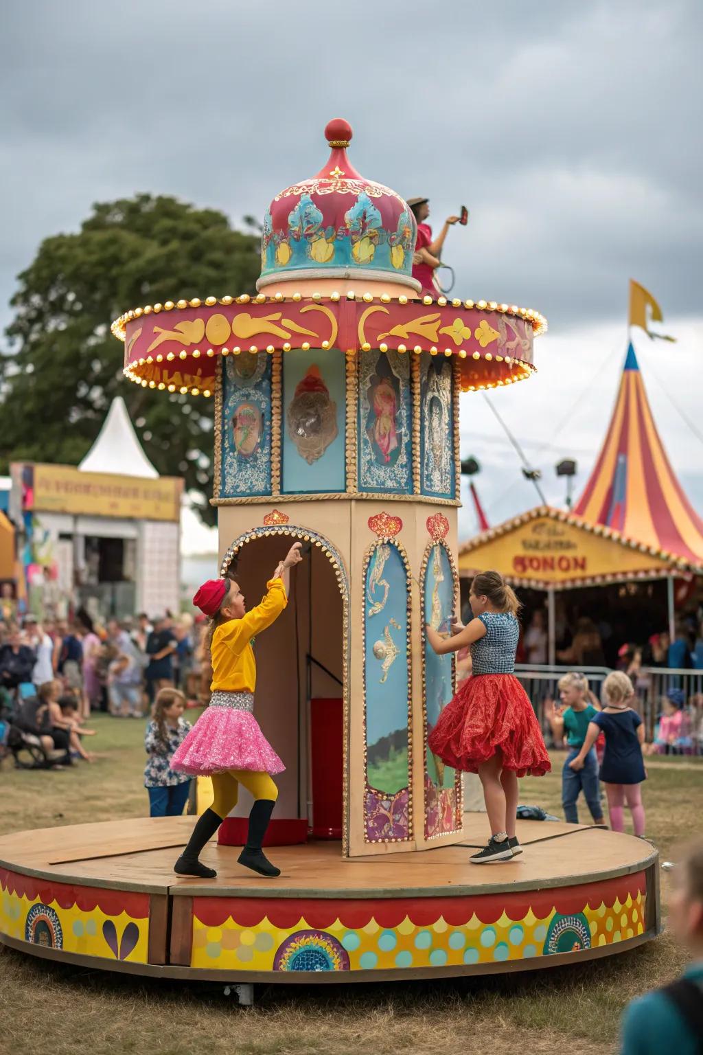 Mini stage totems humorously replicate the event vibe on a small scale.