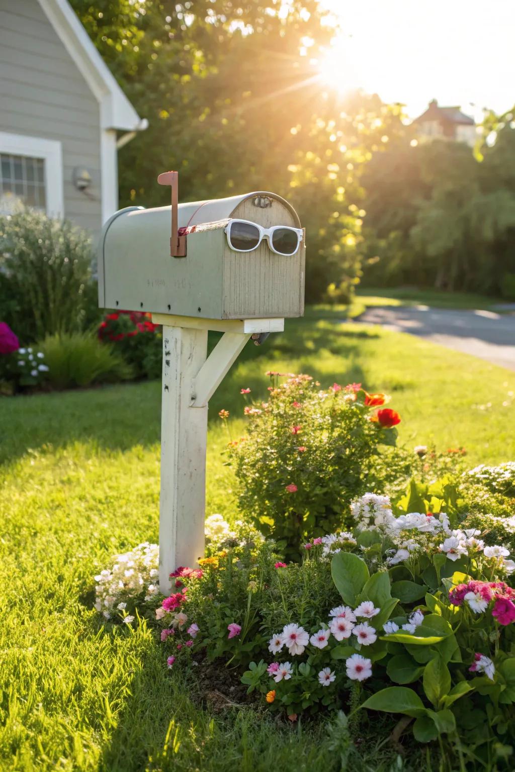 A playful mailbox with spectacles that exudes cool vibes.