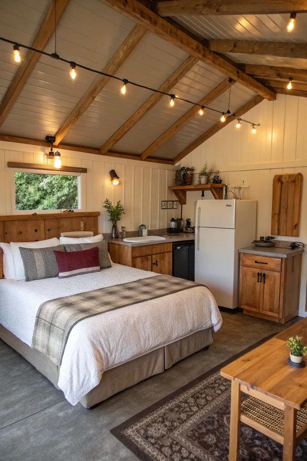 A garage guesthouse provides a welcoming retreat for visitors.
